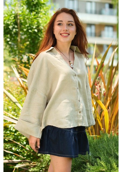 Purette %100 Keten Oversize Kadın Gömlek Naturel fiyatları