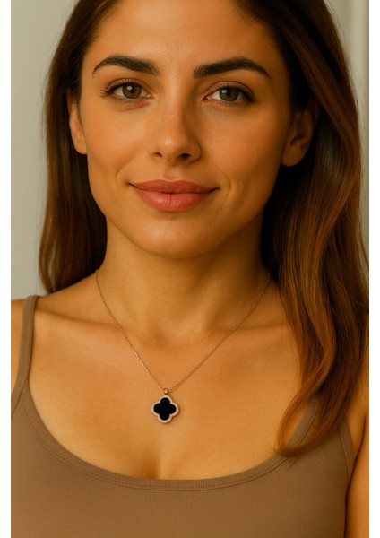 Siyah Sedef Taşlı Yonca Kadın Gümüş Kolye fiyatları