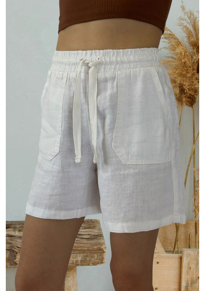 Verona Büyük Cepli %100 Keten Şort Beyaz