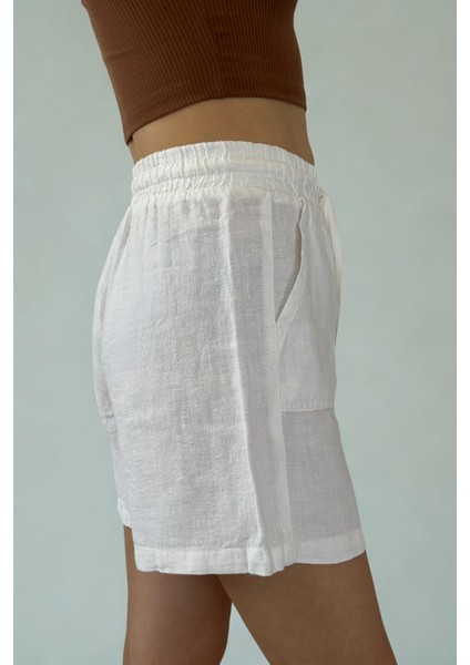 Verona Büyük Cepli %100 Keten Şort Beyaz modelleri