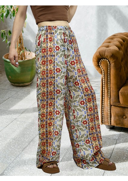 Renkli Etnik/çiçek Desenli Hafif Dökümlü Bol Paça Modal Pantolon fiyatları