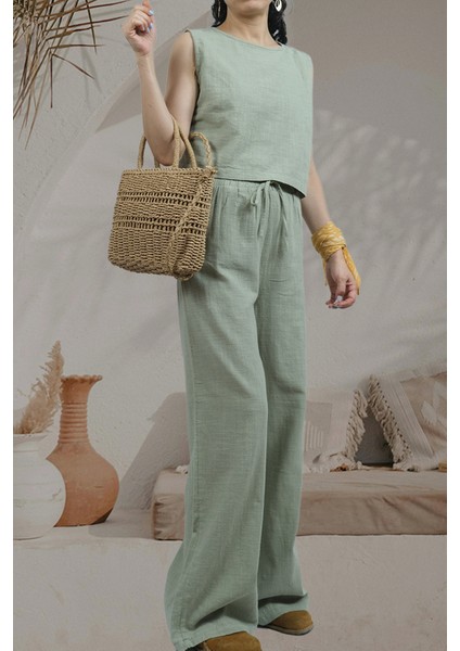 Breeze- Bağcık Detaylı Bol Paça Hafif Dokulu Yazlık Kadın Pantolon Haki