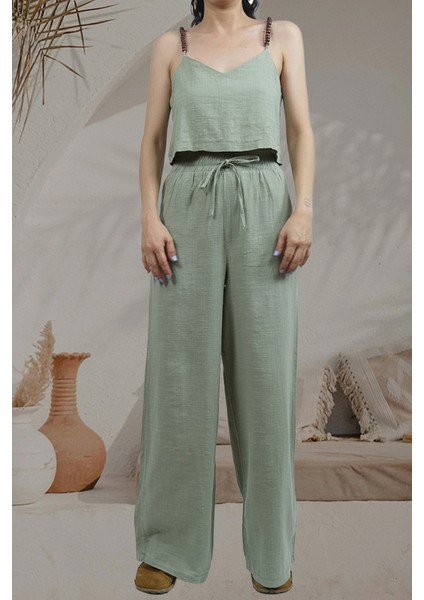 Breeze- Bağcık Detaylı Bol Paça Hafif Dokulu Yazlık Kadın Pantolon Haki fiyatları