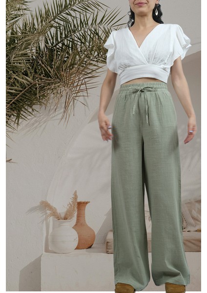 Breeze- Bağcık Detaylı Bol Paça Hafif Dokulu Yazlık Kadın Pantolon Haki modelleri