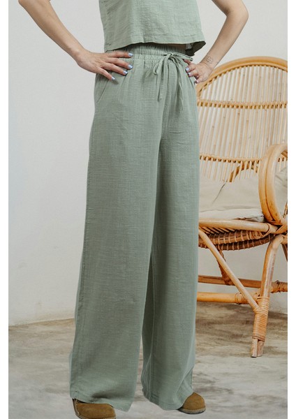 Breeze- Bağcık Detaylı Bol Paça Hafif Dokulu Yazlık Kadın Pantolon Haki indirimleri