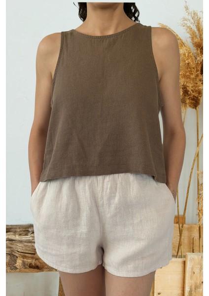 Siena Beli Lastikli %100 Keten Mini Şort Taş