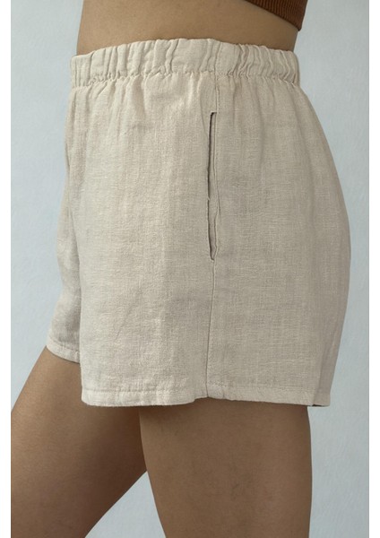 Siena Beli Lastikli %100 Keten Mini Şort Taş fiyatları