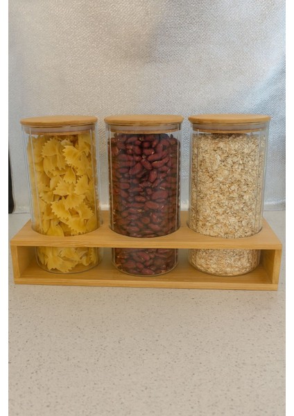 Borosilikat Cam Bambu Stantlı ve Bambu Kapaklı Optik Çizgili Baharatlık Seti 1400 ml (ALG11522)