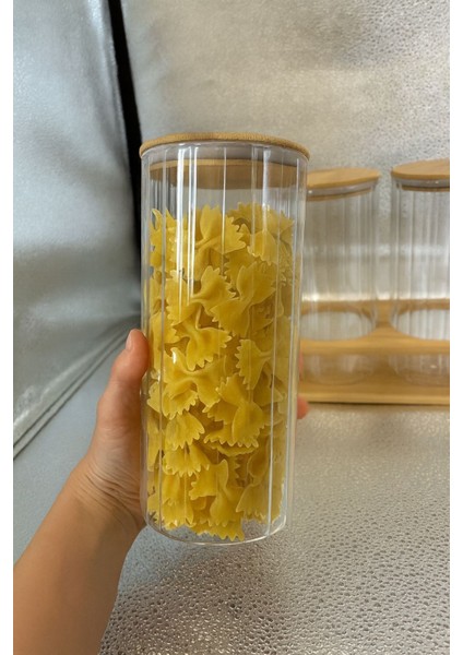 Borosilikat Cam Bambu Stantlı ve Bambu Kapaklı Optik Çizgili Baharatlık Seti 1400 ml (ALG11522) modelleri