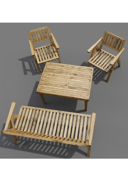 Soylu Kapı Ahşap Oturma Grubu, 3+1 Balkon & Teras Takımı: 1 Masa, 2 Sandalye, 1 Sedir & Sarıçam Eskitme Boyalı