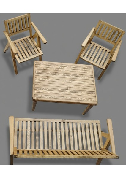Soylu Kapı Ahşap Oturma Grubu, 3+1 Balkon & Teras Takımı: 1 Masa, 2 Sandalye, 1 Sedir & Sarıçam Eskitme Boyalı