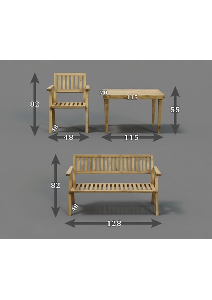 Soylu Kapı Ahşap Oturma Grubu, 3+1 Balkon & Teras Takımı: 1 Masa, 2 Sandalye, 1 Sedir & Sarıçam Eskitme Boyalı