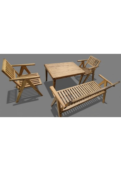 Soylu Kapı Ahşap Oturma Grubu, 3+1 Balkon & Teras Takımı: 1 Masa, 2 Sandalye, 1 Sedir & Sarıçam Eskitme Boyalı