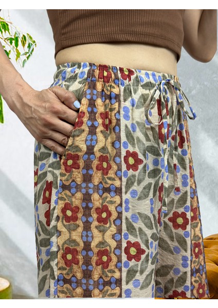 Renkli Etnik/çiçek Desenli Hafif Dökümlü Bol Paça Modal Pantolon fırsatları