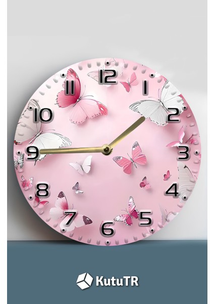 Mdf Duvar Saati Pembe Kelebek Desenli – 33X33 cm SDW393