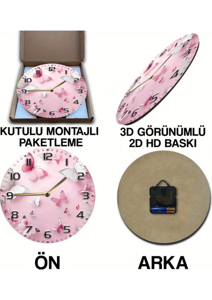 Mdf Duvar Saati Pembe Kelebek Desenli – 33X33 cm SDW393 indirimleri