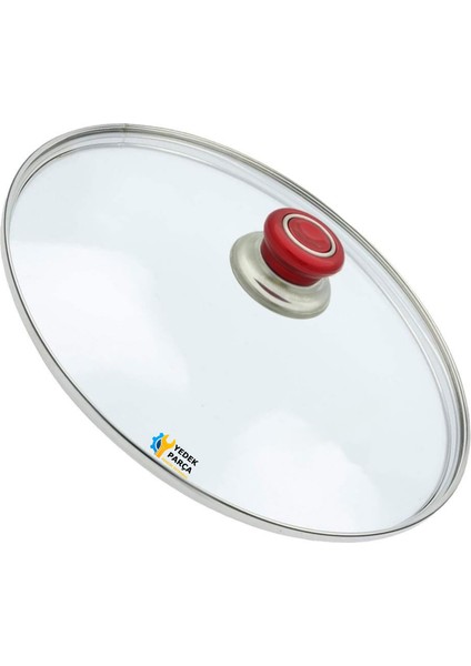 Tencere Sahan Tava Cam Kapağı Kapak 32 cm Kırmızı Tutma Tepesi