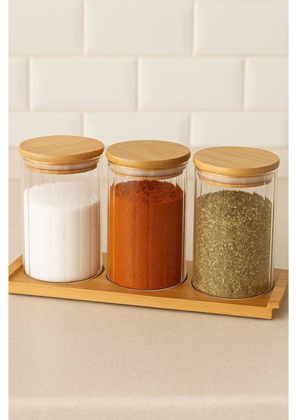 Borosilikat Cam Bambu Stantlı ve Bambu Kapaklı Optik Çizgili Baharatlık Seti 430 Ml( ALG11520)