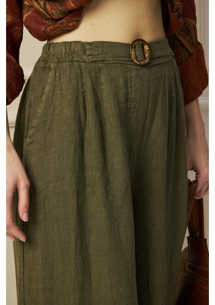 Tokalı Yüksek Bel %100 Keten Bol Paça Haki Pantolon fiyatları