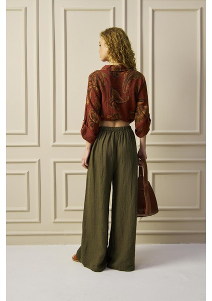 Tokalı Yüksek Bel %100 Keten Bol Paça Haki Pantolon modelleri