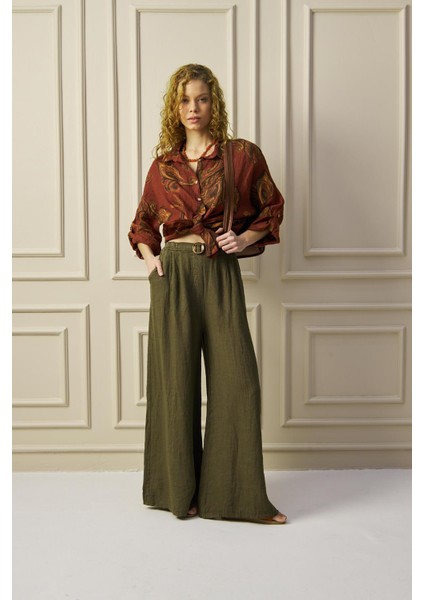 Tokalı Yüksek Bel %100 Keten Bol Paça Haki Pantolon fırsatları