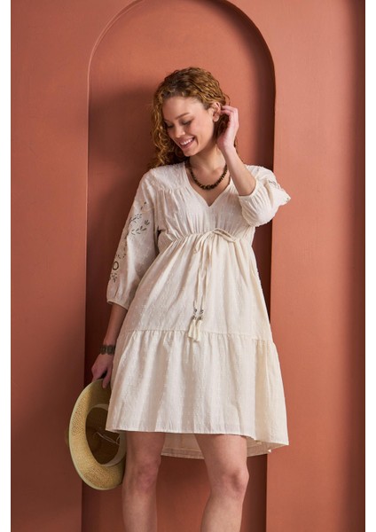 Kolları Nakışlı Brodeli Bağlamalı Elbise fiyatları