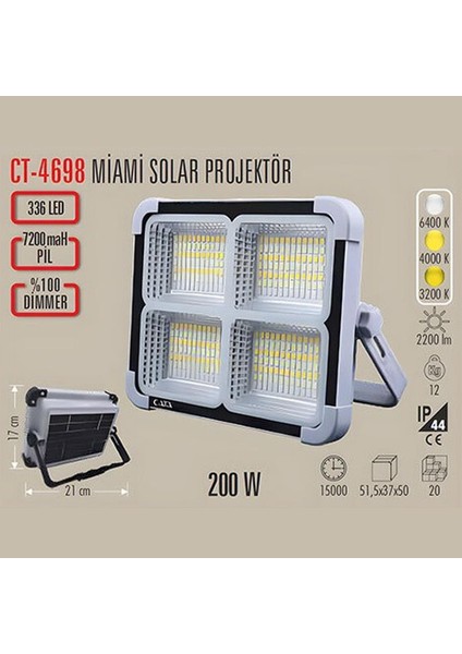 CT-4698 Taşınabilir Solar Projektör IP65 Güneş Enerjili 3 Renk Modu Dimmerli ve Şarjlı LED Işık fırsatları
