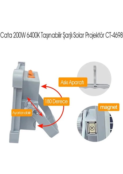 CT-4698 Taşınabilir Solar Projektör IP65 Güneş Enerjili 3 Renk Modu Dimmerli ve Şarjlı LED Işık