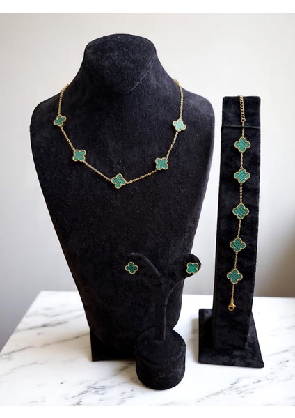 Yeşil Beş Yapraklı Yonca Paslanmaz Çelik Takı Seti CNS101