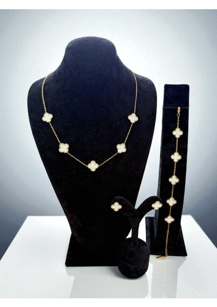 Altın Beyaz Yapraklı Yonca Çelik Takı Seti CNS094