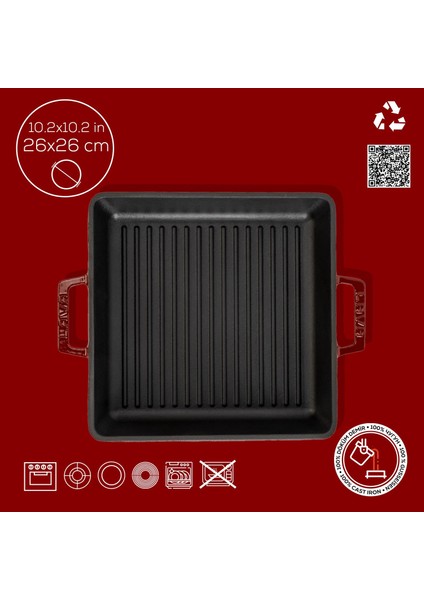 Döküm Kare Izgara Tavası Döküm Demir Yekpare Çift Kulplu Ölçü 26X26CM.-BORDO fırsatları