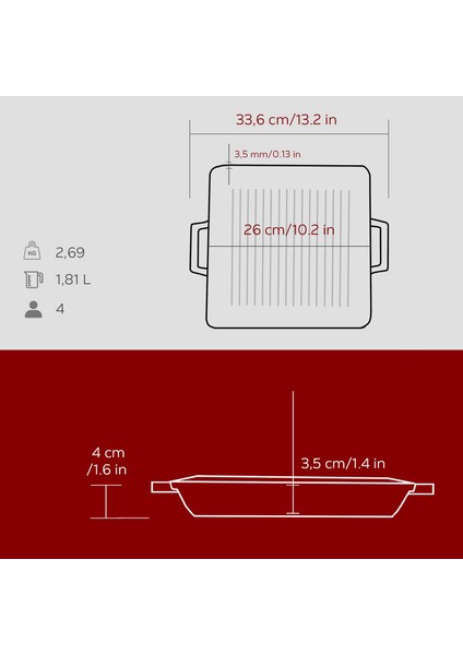 Döküm Kare Izgara Tavası Döküm Demir Yekpare Çift Kulplu Ölçü 26X26CM.-BORDO indirimleri