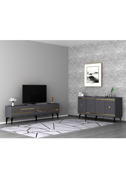 Lennora Tv Sehpası (Alt Modül) ve Konsol 2'li Salon Takımı Antrasit-Altın