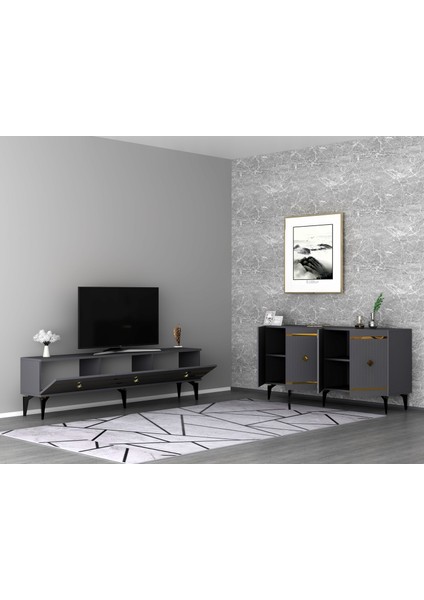 Lennora Tv Sehpası (Alt Modül) ve Konsol 2'li Salon Takımı Antrasit-Altın fiyatları