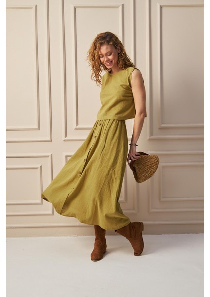 Whısper- Dokulu Düğme Detaylı Yazlık Kadın Midi Etek Yağ Yeşili