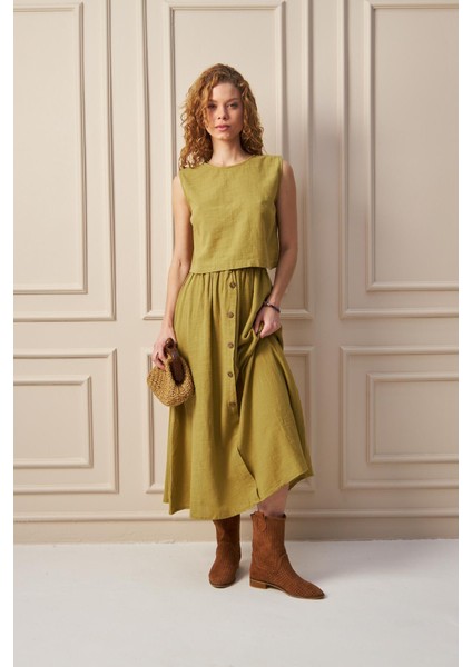 Whısper- Dokulu Düğme Detaylı Yazlık Kadın Midi Etek Yağ Yeşili fiyatları