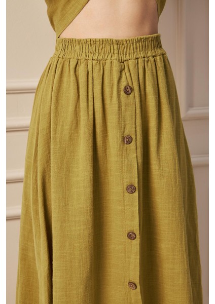 Whısper- Dokulu Düğme Detaylı Yazlık Kadın Midi Etek Yağ Yeşili modelleri