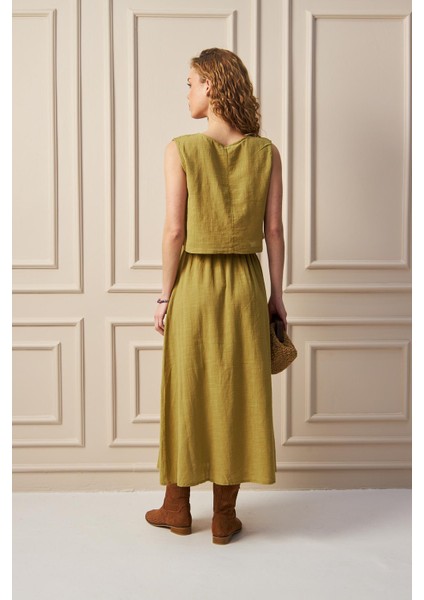 Whısper- Dokulu Düğme Detaylı Yazlık Kadın Midi Etek Yağ Yeşili fırsatları