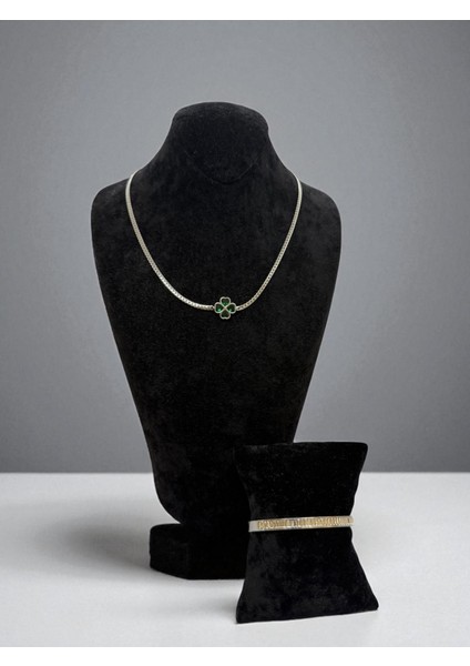 Yeşil Yoncalı Paslanmaz Çelik Takı Kombini CNS0057