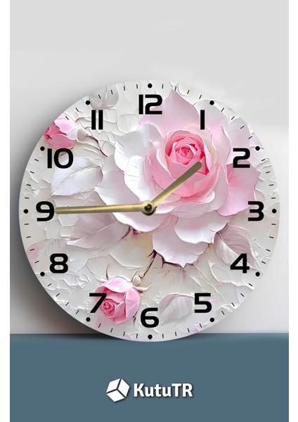 Mdf Duvar Saati Pembe Gül Desenli – 33X33 cm SDW385
