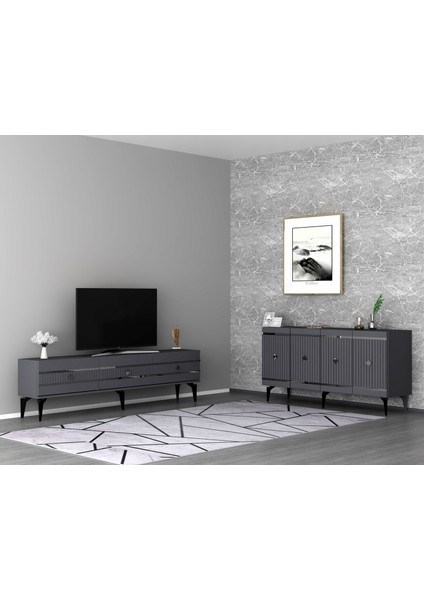 Lennora Tv Sehpası (Alt Modül) ve Konsol 2'li Salon Takımı Antrasit-Gümüş