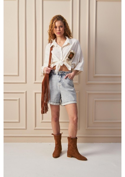 Boho Ekru Gömlek – Püskül ve Cep Detaylı Tasarım fiyatları