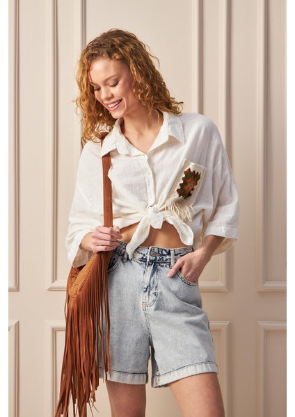 Boho Ekru Gömlek – Püskül ve Cep Detaylı Tasarım modelleri