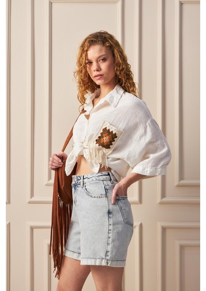 Boho Ekru Gömlek – Püskül ve Cep Detaylı Tasarım fırsatları