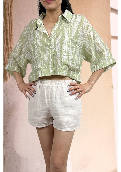 Baskılı Cepli Crop Gömlek Yeşil