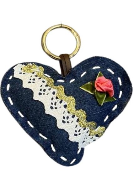 3242 El Yapımı Kalp Model Dantel Şerit ve Gül Motif Anahtarlık