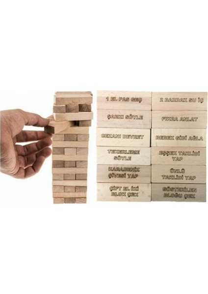 Ahşap Denge Oyunu Cezalı Jenga V2 – 54 Parça Yeni Versiyon, Parti ve Aile İçin Eğlenceli Masa Oyunu