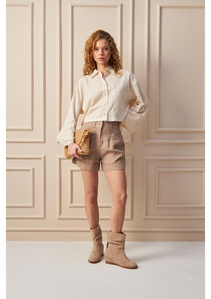 Çizgili Uzun Kol Keten Gömlek -Casual