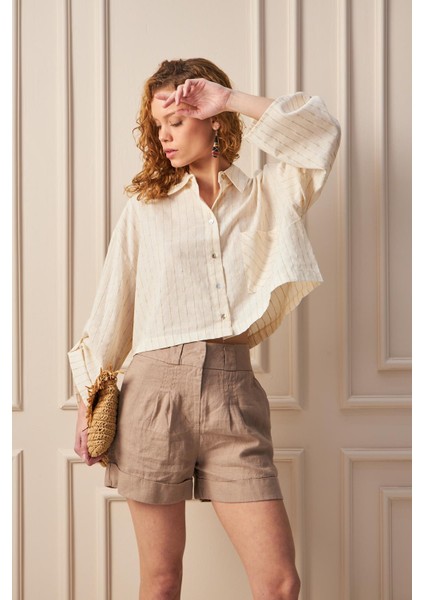 Çizgili Uzun Kol Keten Gömlek -Casual fiyatları