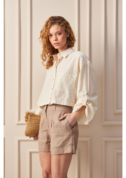 Çizgili Uzun Kol Keten Gömlek -Casual modelleri